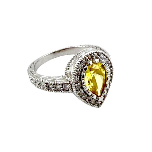 Sterling Silver Lemon Yellow Crystal Ring • Size 6.5 • Teardrop Halo • 925 - Picture 6 of 10